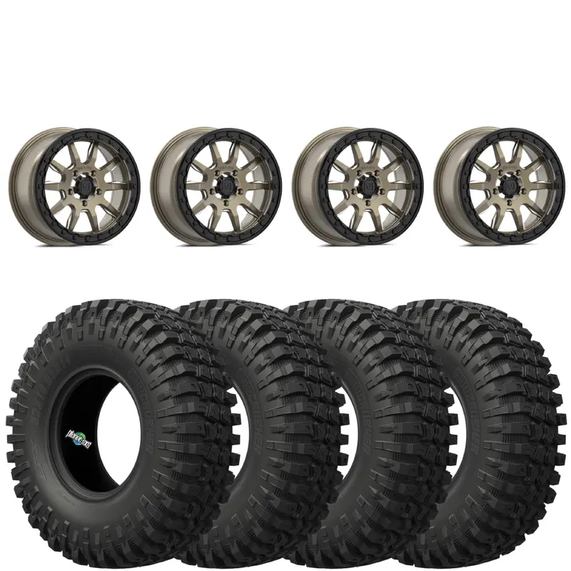 Valor Offroad V15 Satin Bronze Beadlocks on EFX Motocrusher Tires  5/4.5 Bolt Pattern
