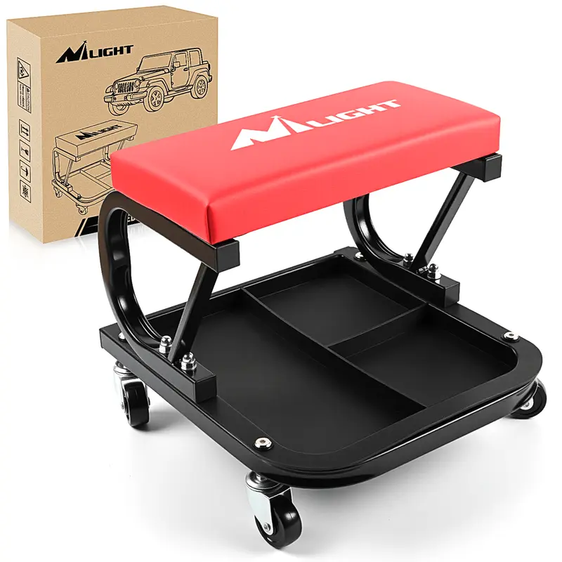 260 LBS Capacity Red Rolling Mechanic Padded Seat with Tool Tray Storage