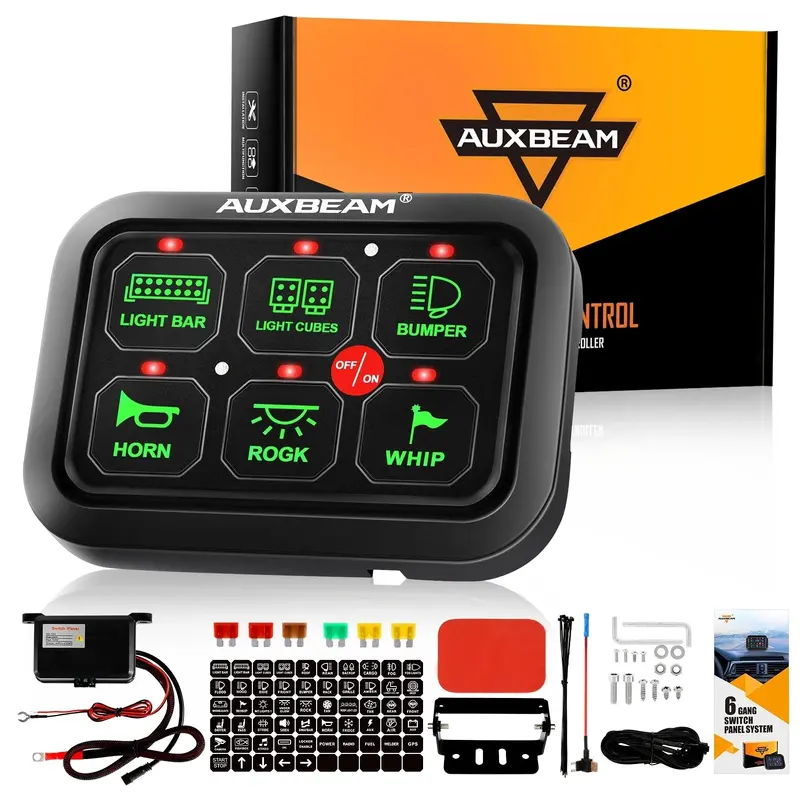 Auxbeam - BC60 6 GANG LED SWITCH PANEL, OFF ROAD LIGHT CONTROLLER (GREEN)