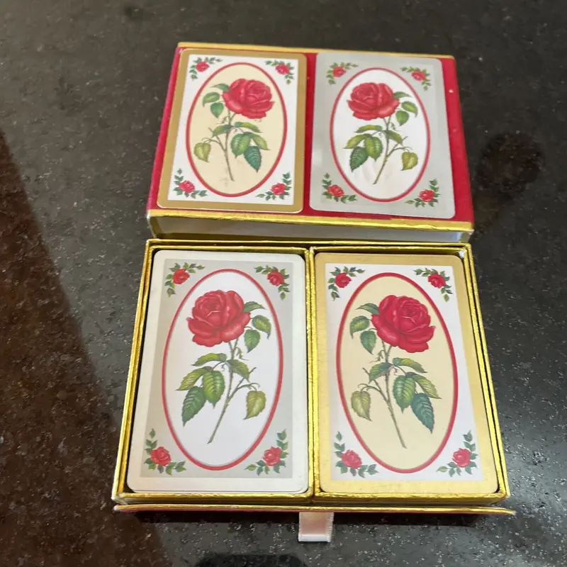 Vintage Congress Playing Cards 2 Pack Red Rose Floral Print Felt Covered Box