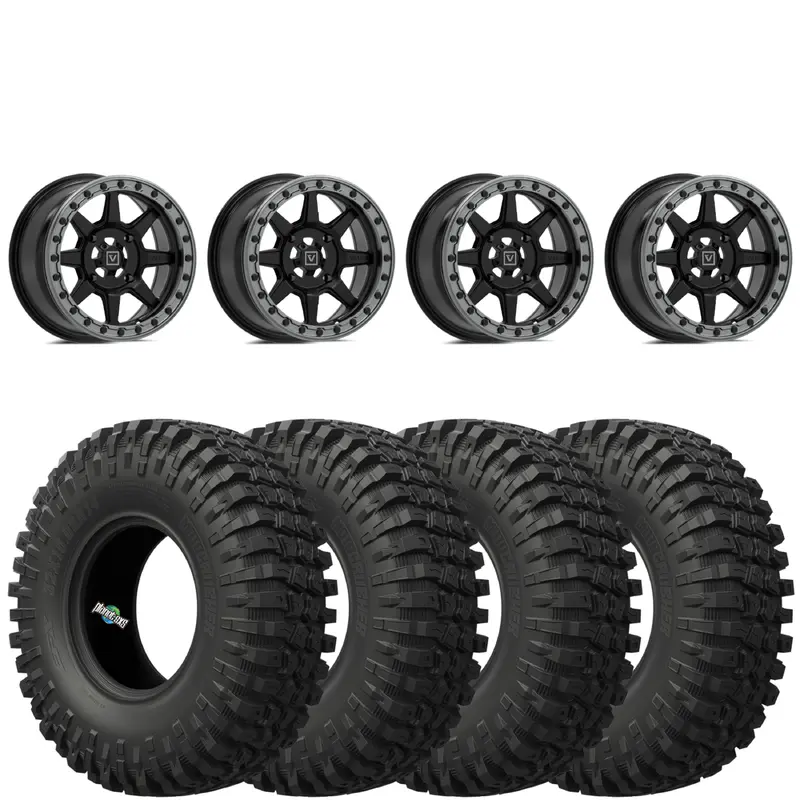 Valor Offroad V13 4/137 4+3 Satin Black beadlocks mounted on EFX MotoCrushers